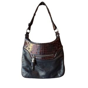Brighton Black Brown Leather Croc Embossed Tassel Hobo Shoulder Bag